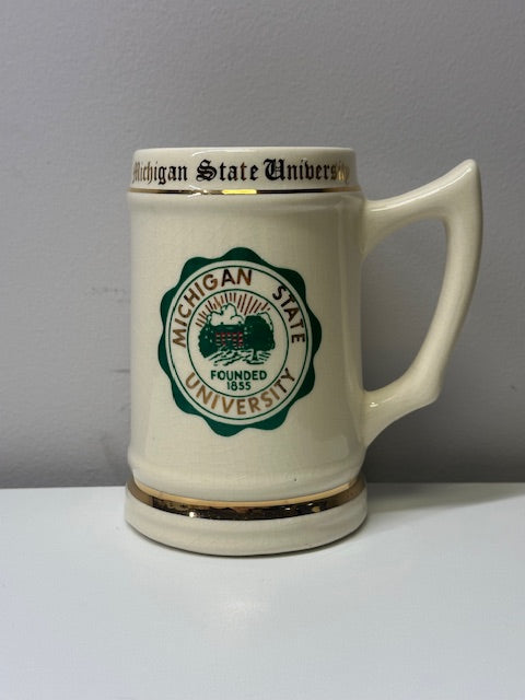 Michigan State University Stein- Creme w/ Green Logo Gold Trimmings