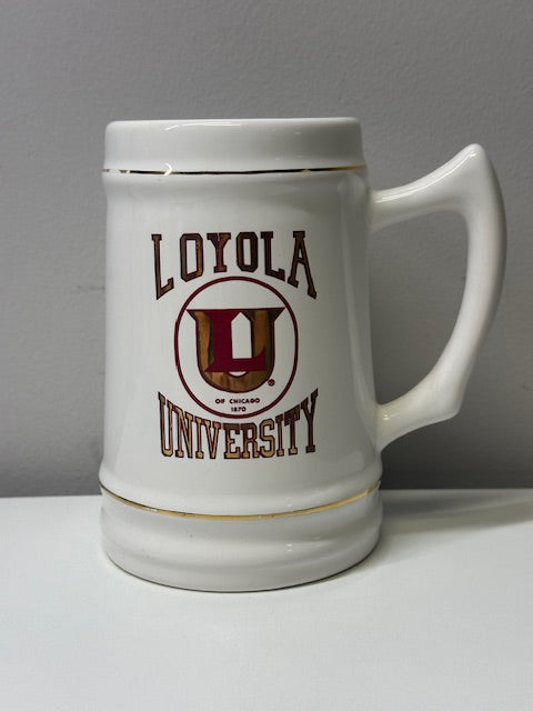 1870 Loyola University Stein- White w/ Gold and Red Logo Gold Trimming