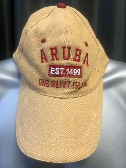 Aruba Souvenir Cap Strap Back Beige Est 1499 One Happy Island Red Script