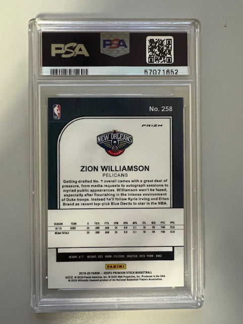 2019 Hoops Premium Stock Zion Williamson #258 Gem Mint 10 PSA Trading Card