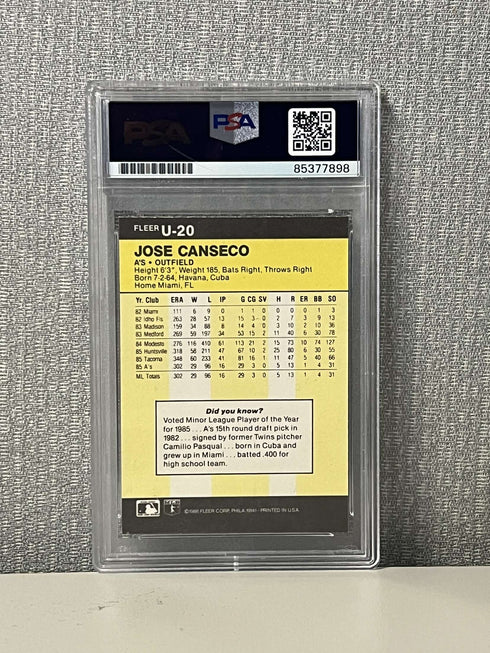 Topps Jose Canseco U-20 Signed Authentic Card PSA