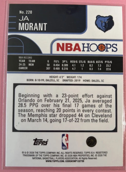 Topps 2025-26 NBA Hoops Ja Morant Memphis Grizzlies Green Refractor #220