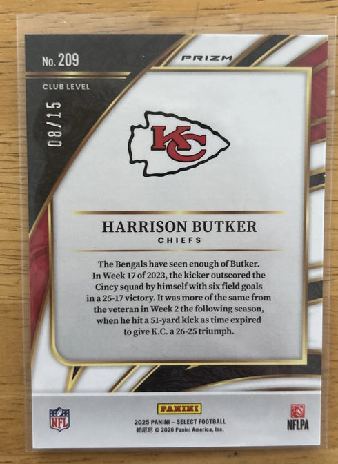 Panini 2025 Select Club Level Harrison Butker #209 Pink Prizm /15 Chiefs