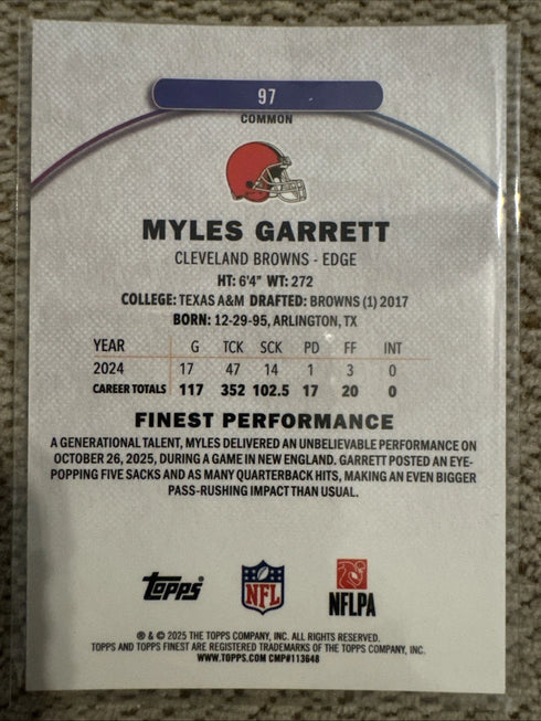 2025 Topps Finest Myles Garrett Common Sky Blue #97 /325