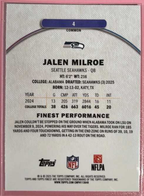 Topps Finest Jalen Milroe Rookie Card #4 Seattle Seahawks 2025