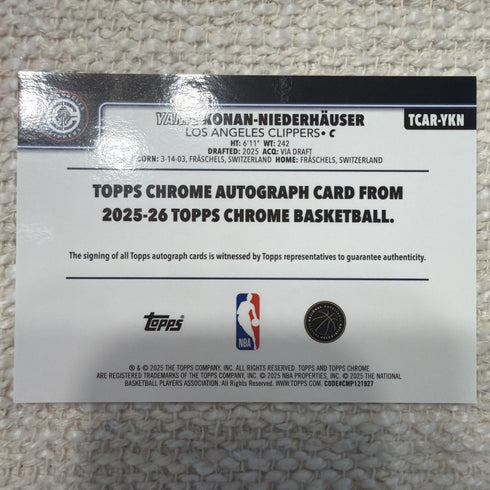 2025-26 Topps Chrome - Rookie Autographs Yanic Konan-Niederhauser #TCAR-YKN