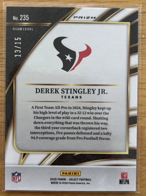 2025 Panini Select #235 Derek Stingley Jr. Club Level Pink Prizm Shock