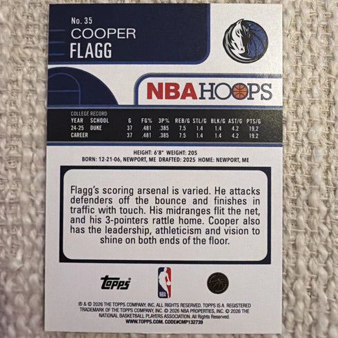 2025-26 Topps NBA Hoops Silver Holo Cooper Flagg #35 RC
