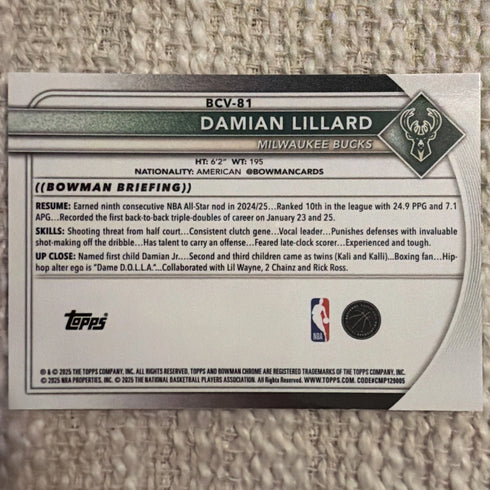 Topps Bowman Chrome Damian Lillard Milwaukee Bucks #BCV-81 2023 NBA Card