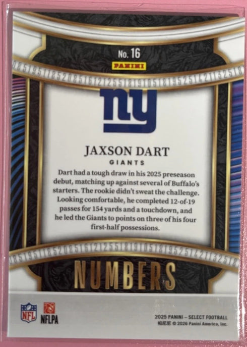 2025 Panini Select-Jaxon Dart #16 Numbers Insert RC