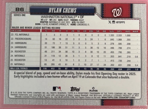 2026 Topps Series 1 Dylan Crews #86 Future Stars Base, Nationals | MINT/NM