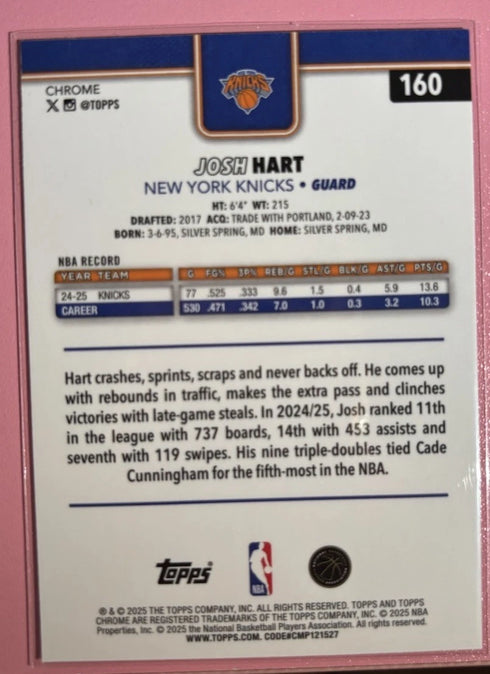 Topps 2025 Chrome Josh Hart Refractor RWB #160 New York Knicks Basketball