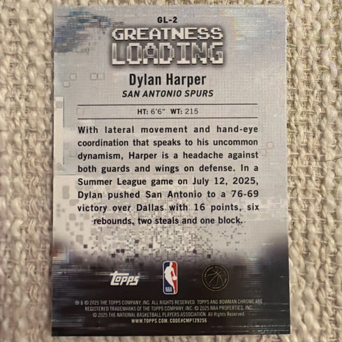 Topps 2025 Bowman Chrome Greatness Loading Dylan Harper Spurs Rookie GL-2