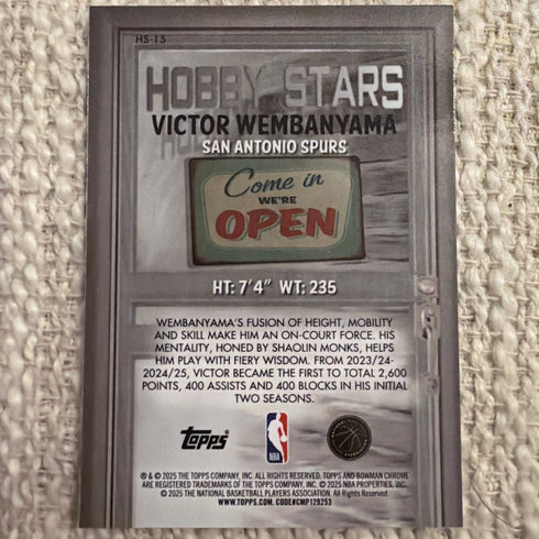 Topps 2025-26 Bowman Hobby Stars Wembanyama's Collectibles #HS-15 Spurs NBA