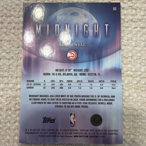 2025 Topps midnight Asa Newell Atlanta Hawks Rookie