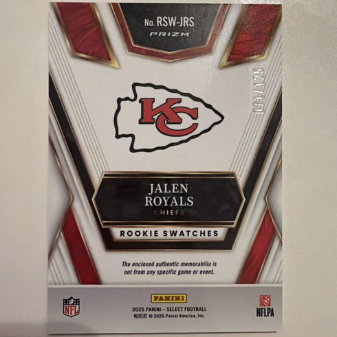 2025 Panini Select Jalen Royals Chiefs Rookie Swatches Prizm Patch #RSW-JRS