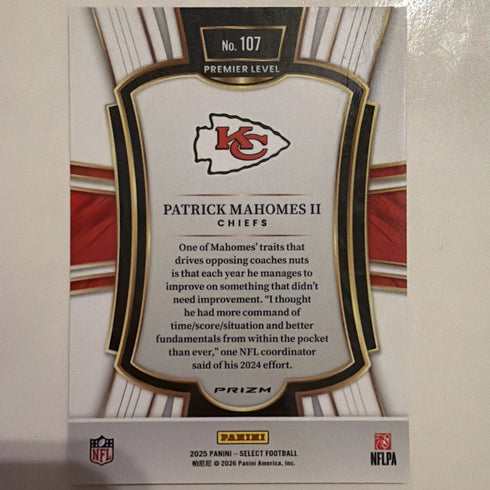 Panini 2025 Select Patrick Mahomes II Pink Shock Prizm Premier Level #107 Chiefs