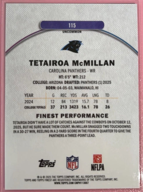 Tetairoa Mcmillan 2025 Topps Finest Uncommon Rookie RC /20