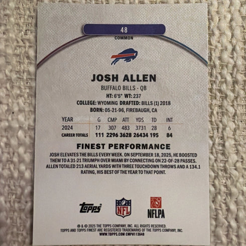 2025 Topps Finest Josh Allen X-Fractor #48 Buffalo Bills