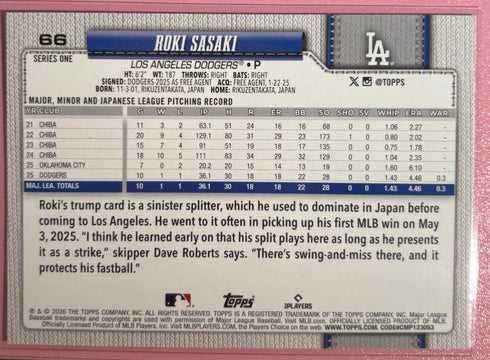 Topps 2026 Series 1 Future Stars Roki Sasaki #66 Los Angeles Dodgers