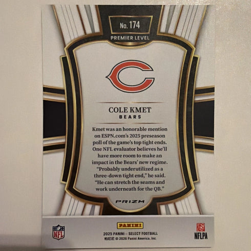 Panini 2025 Select Cole Kmet #174 Chicago Bears Football Premier Level Prizm
