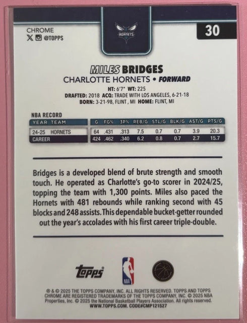 2025-26 Topps Chrome Miles Bridges Ray Wave #30