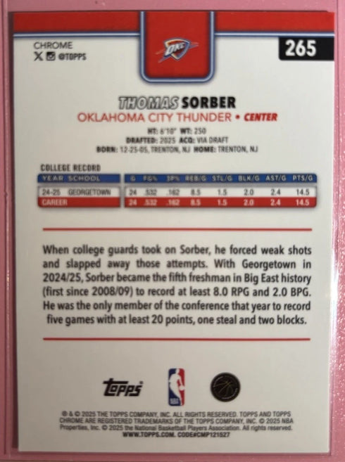 2025-26 Topps Chrome Basketball Thomas Sorber Red White Blue RC Thunder