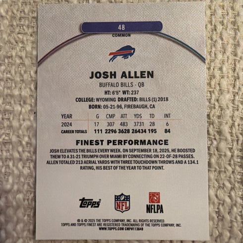 Topps Finest Josh Allen Buffalo Bills 2025 NFL #48 Base Set Common
