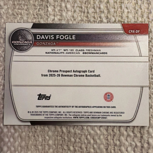 2025-26 Bowman Chrome Davis Fogle True Purple Auto Autograph /250 Gonzaga
