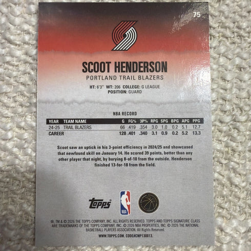 Topps Scoot Henderson Round 1 Pick 3 - Trail Blazers Basketball NBA #75