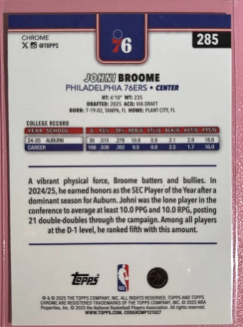 Topps Chrome X-Fractor Johni Broome Rookie #285 2025-26 76ers Basketball