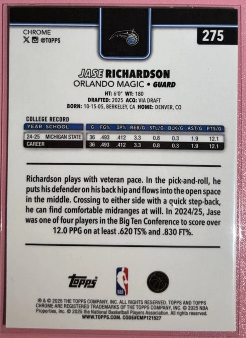 2025-26 Topps Chrome Basketball Jase Richardson RC #275 Red White & Blue Magic