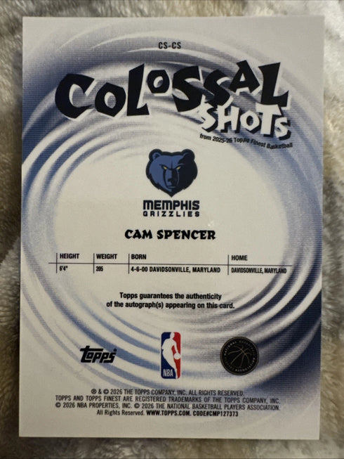 Topps Finest Cam Spencer /35 Auto Yellow Geometric Colossal Shots Grizzlies