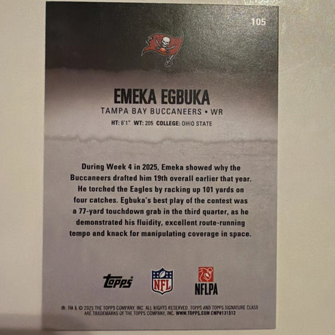 2025 Topps Signatures Class Emeka Egbuka Buccaneers Yellow and Blue Insert #105