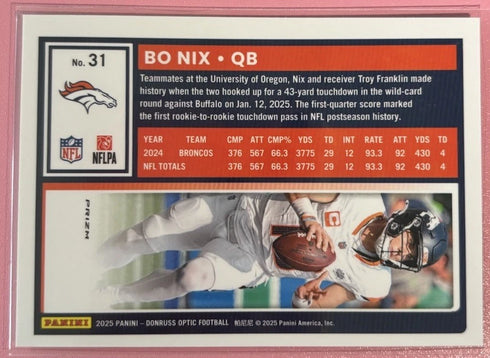 2025 Panini Donruss Optic Bo Nix Silver Holo Prizm #31 Denver Broncos