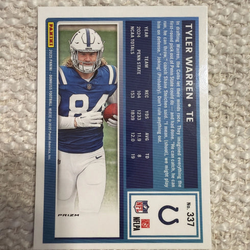 2025 Panini Donruss - Rated Rookie Tyler Warren #337 Optic Preview Holo Prizm