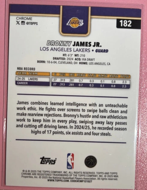 2025-26 Topps Chrome Bronny James Jr. #182 Los Angeles Lakers Base