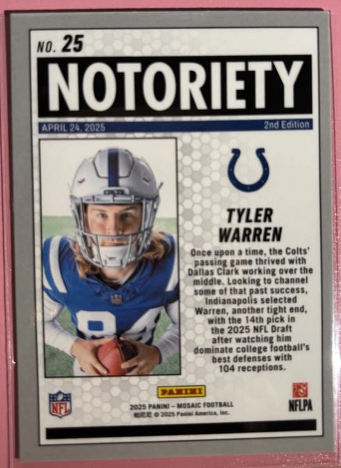 2025 Panini Mosaic Football Base Notoriety Insert Tyler Warren RC #25 B-24