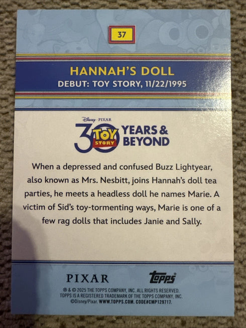 2025 Topps 30 Years of Toy Story HANNAH’S DOLL #37 Base Refractor