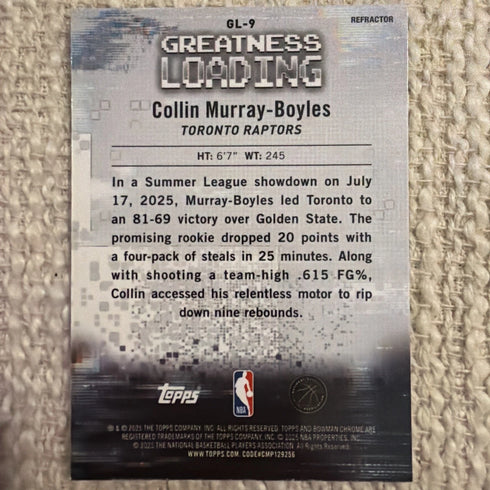 Topps 2025 Greatness Loading Collin Murray-Boyles #GL-9 Raptors Rookie Refractor