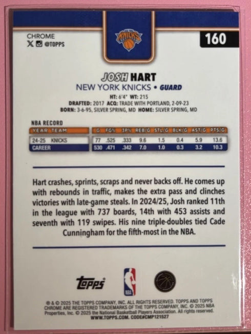 2025-26 Topps Chrome X-Fractor Josh Hart #160 New York Knicks