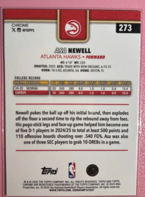 Asa Newell 2025-26 Topps Chrome Basketball #273 Base Red White & Blue RC