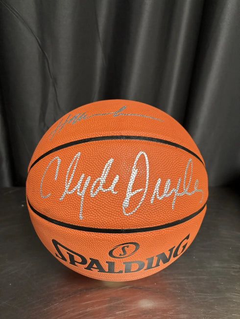 Houston Rockets Hakeem Olajuwon Clyde Drexler Signed Spalding Basketball JSA