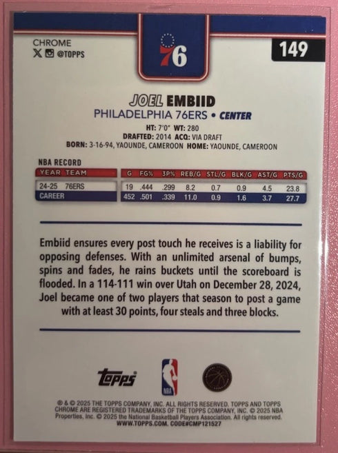 2025-26 Topps Chrome #149 Joel Embiid Basketball Refractor