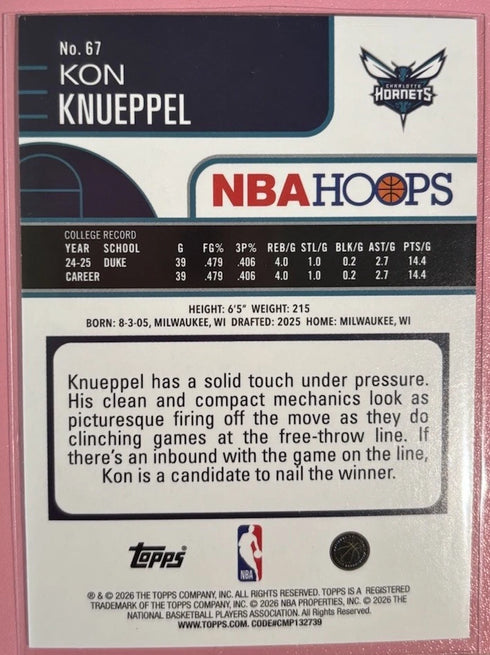 2025-26 Topps NBA Hoops Kon Knueppel (RC) #67 Rainbow Foil Charlotte Hornets
