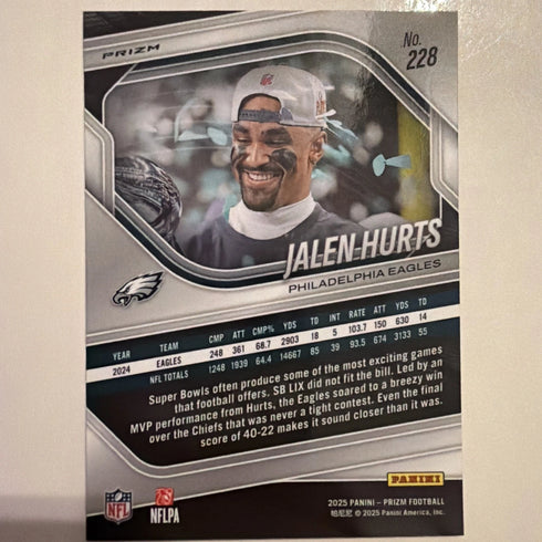 2025 Panini Prizm Pink Prizm Jalen Hurts #228 Philadelphia Eagles Super Bowl MVP