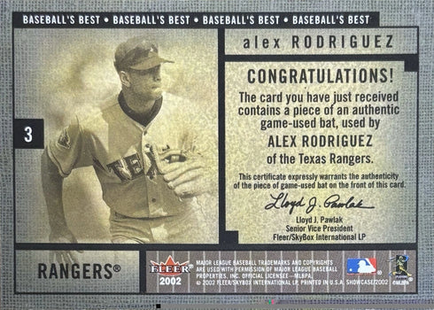 2002 Fleer Showcase Alex Rodriguez Baseballs Best GU Bat #3