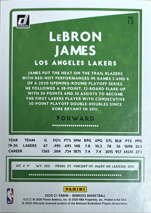 2020-21 Donruss LeBron James Los Angeles Lakers #12