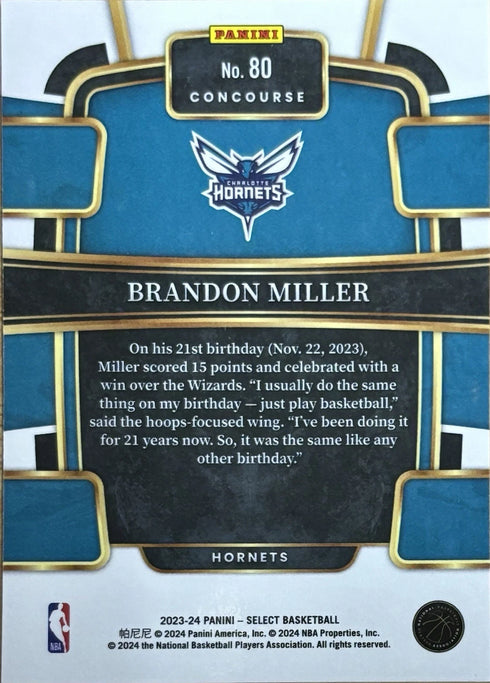2023-24 Select Brandon Miller Charlotte Hornets Concourse Blue Rookie #80
