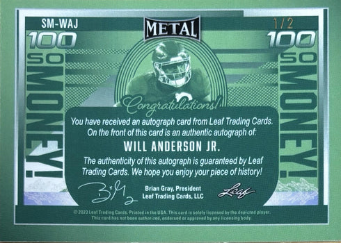 2023 Leaf Metal Will Anderson Jr Houston Texans So Money Rookie Auto /2 #SM-WAJ